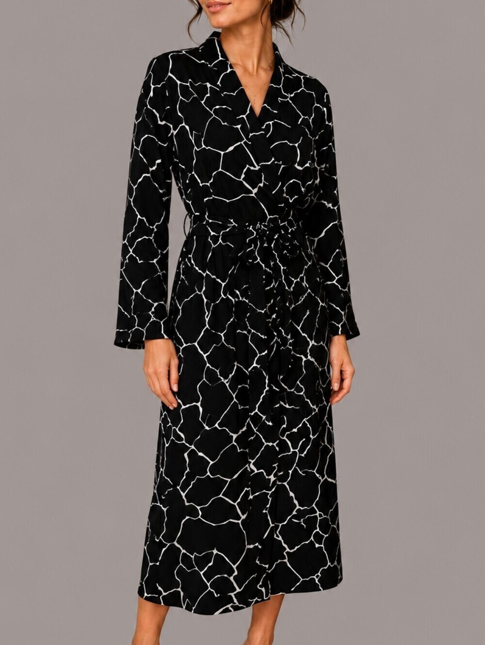 Vtg GJG SOFTLY Black & White Pattern House Coat Swim Cover-up Kimono Robe Dress